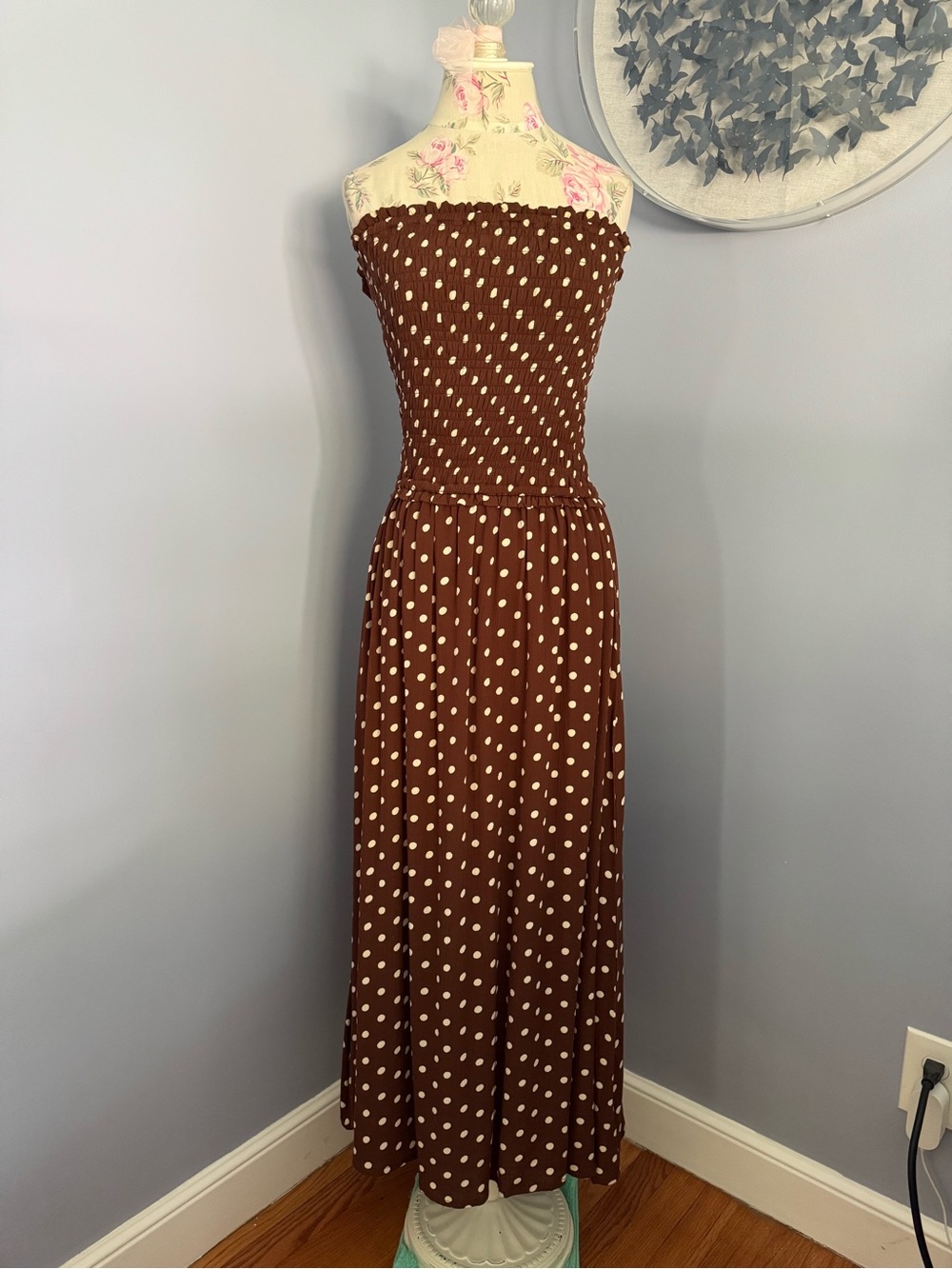 🆕 Strapless Chocolate Brown and Cream Polka Dot Maxi Dress